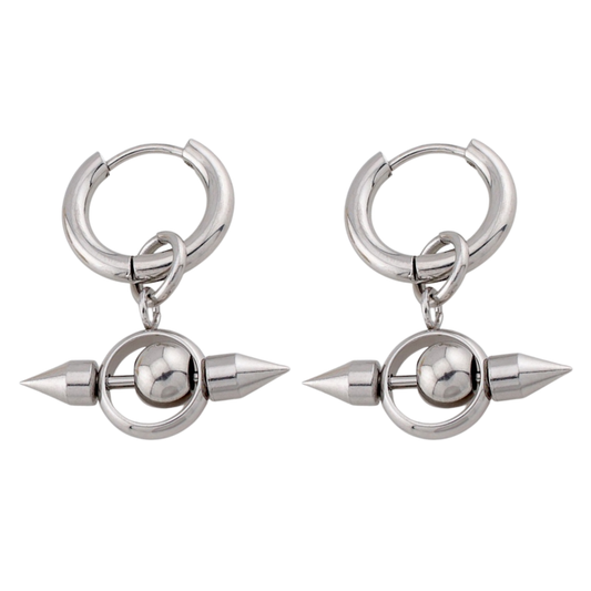 Gothic Double Spike Ball Dangling Hoop Earrings - Pair - 316L Stainless Steel