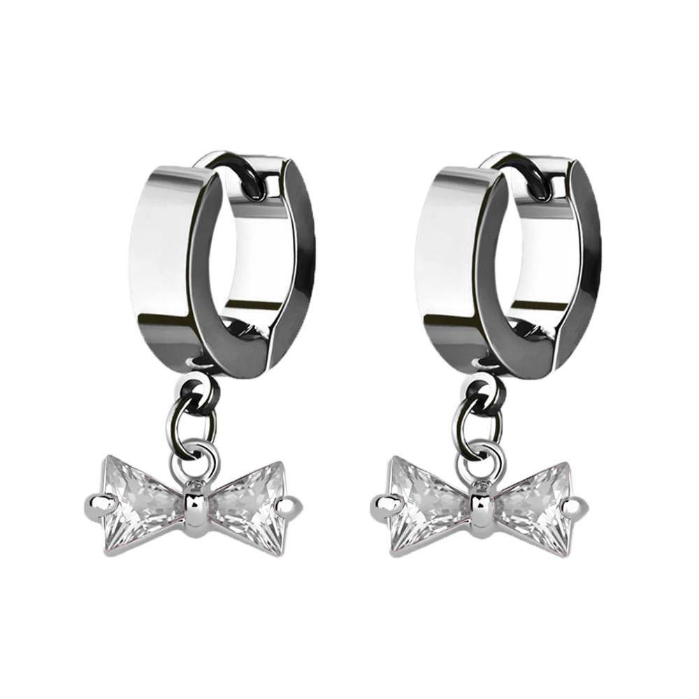 CZ Crystal Bow Dangling Huggie Hoop Earrings - Pair - 316L Stainless Steel