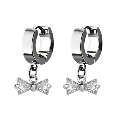 CZ Crystal Bow Dangling Huggie Hoop Earrings - Pair - 316L Stainless Steel