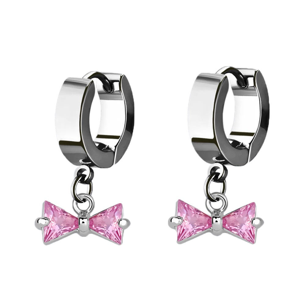 CZ Crystal Bow Dangling Huggie Hoop Earrings - Pair - 316L Stainless Steel