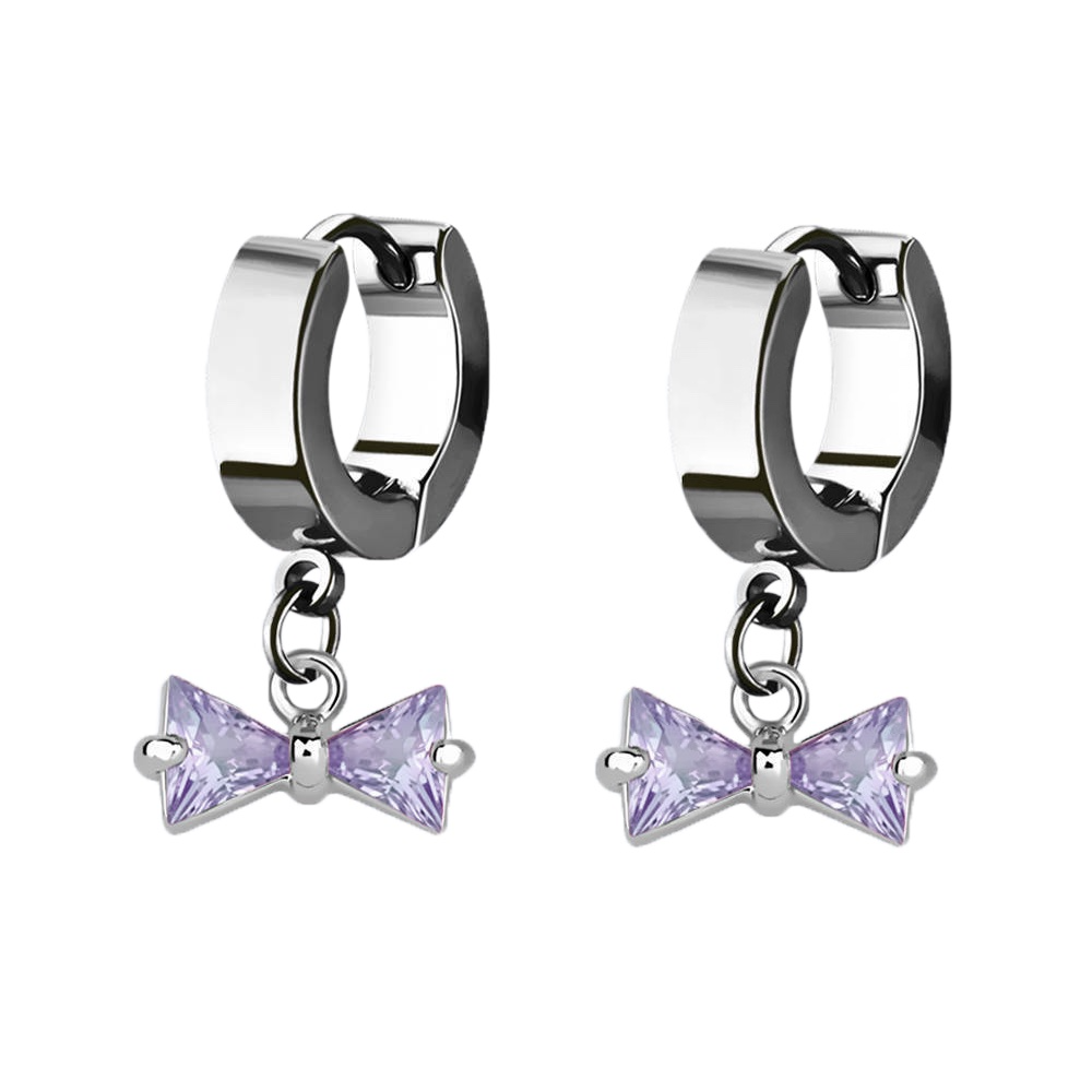 CZ Crystal Bow Dangling Huggie Hoop Earrings - Pair - 316L Stainless Steel