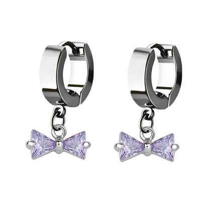 CZ Crystal Bow Dangling Huggie Hoop Earrings - Pair - 316L Stainless Steel