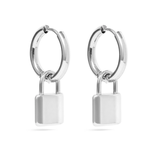 Dangling Lock Hoop Earrings - Pair - 316L Stainless Steel
