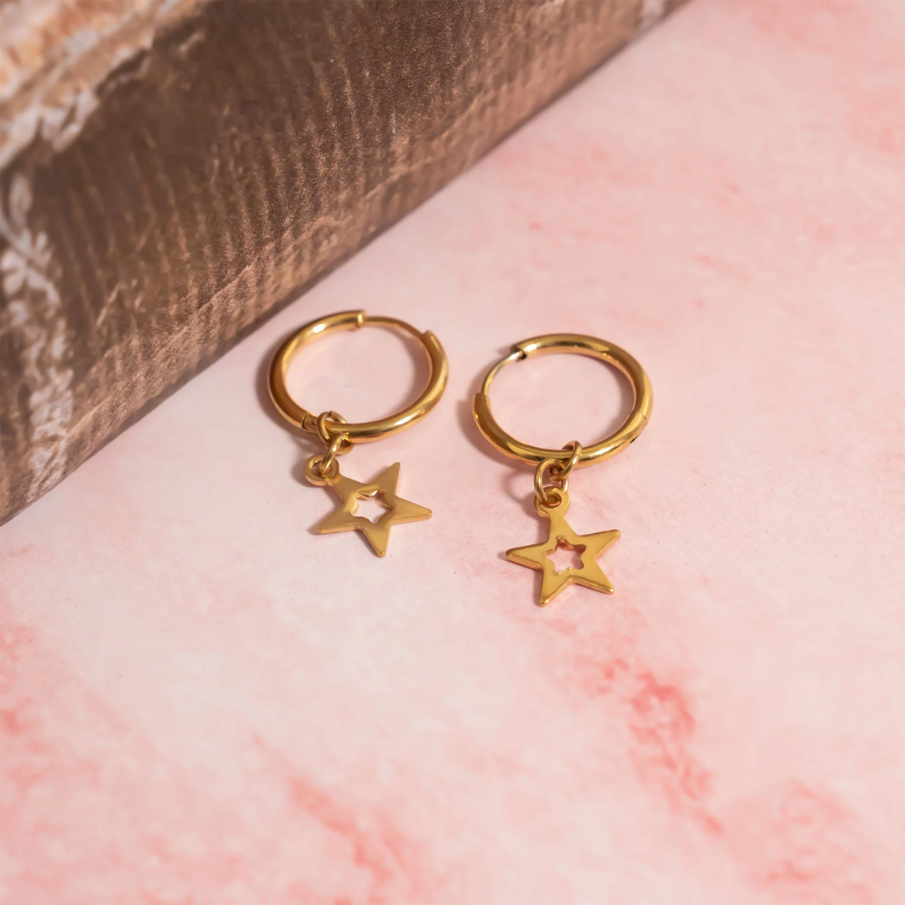 Star with Cutout Dangling Hoop Earrings - Pair - 316L Stainless Steel