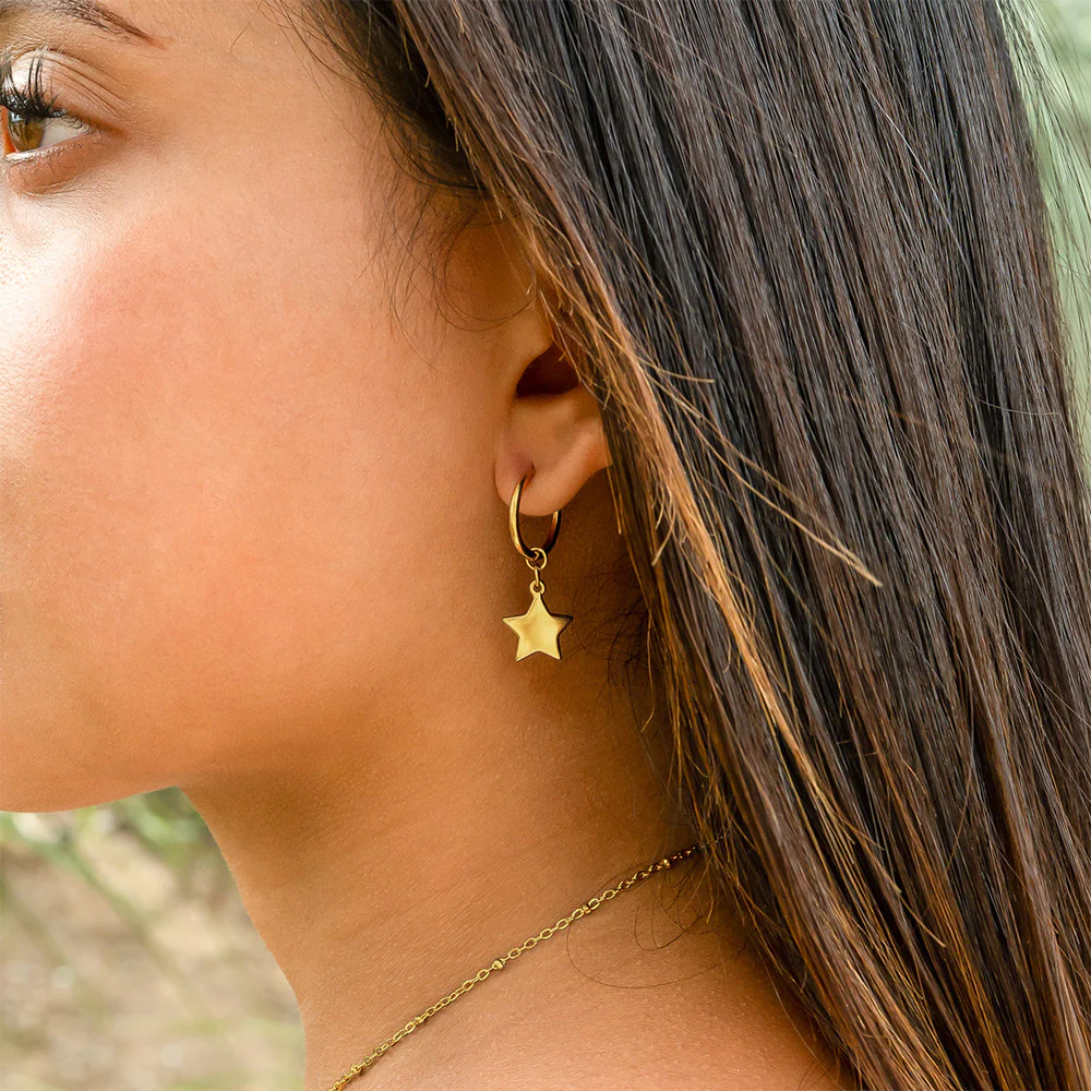 Dangling Star Hoop Earrings - Pair - 316L Stainless Steel