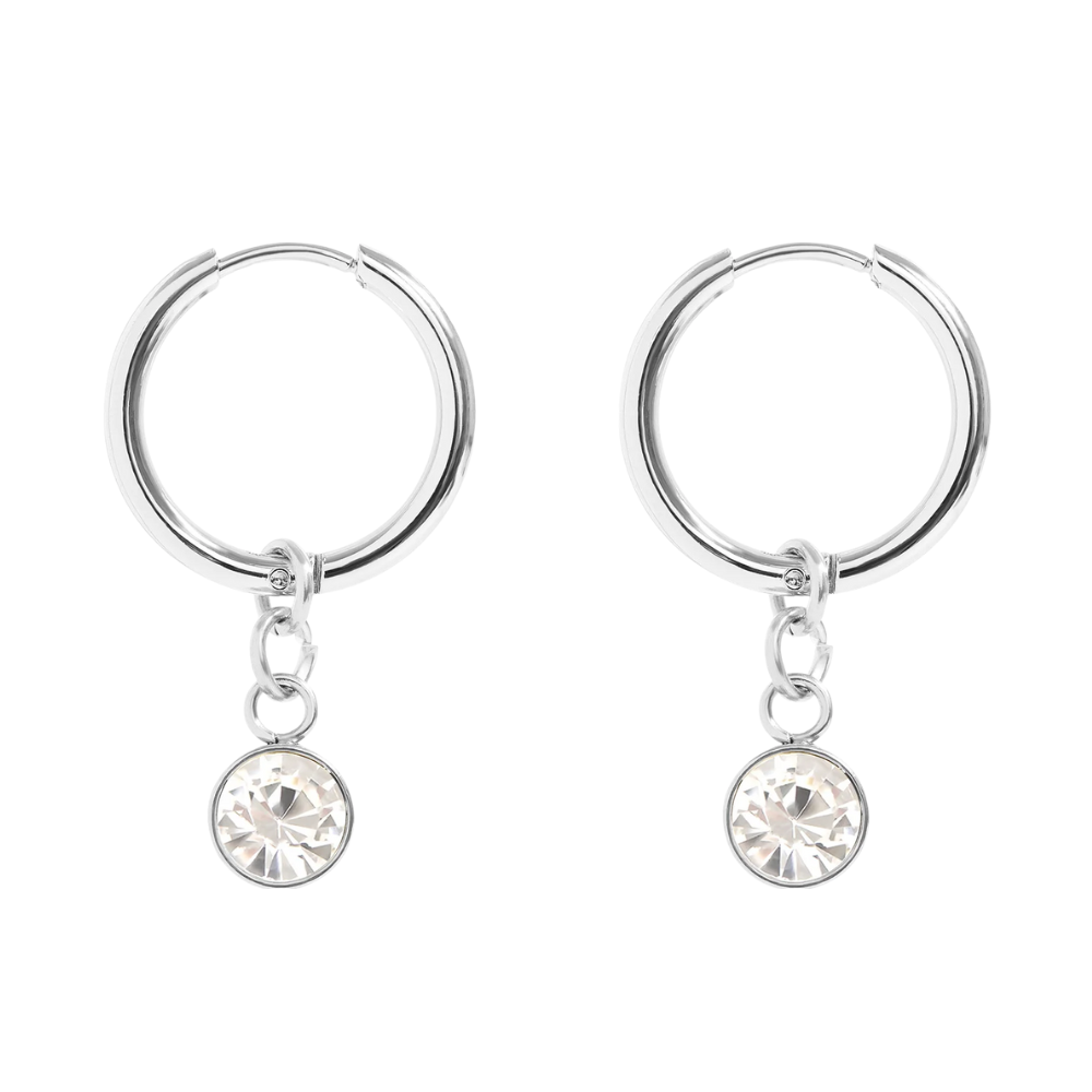 CZ Crystal Birthstone Dangling Huggie Hoop Earrings - Pair - 316L Stainless Steel