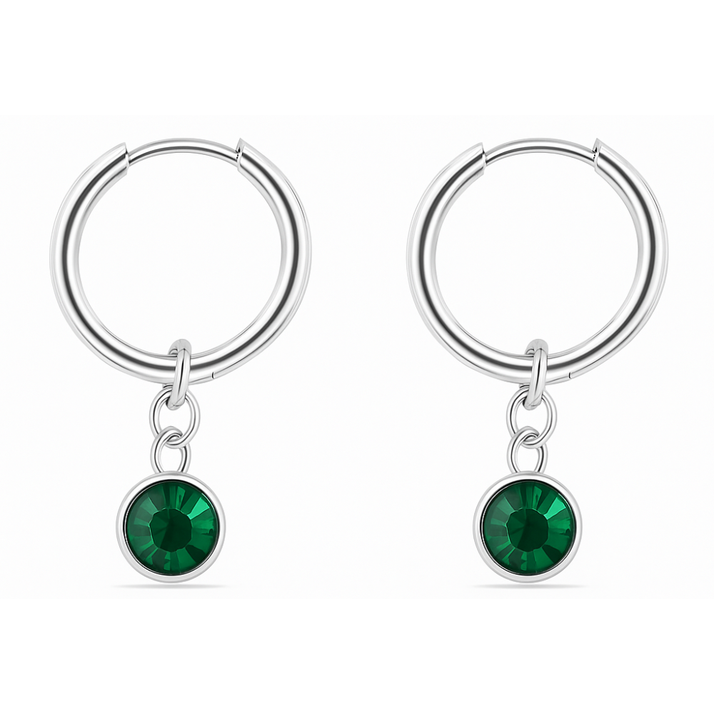 CZ Crystal Birthstone Dangling Huggie Hoop Earrings - Pair - 316L Stainless Steel