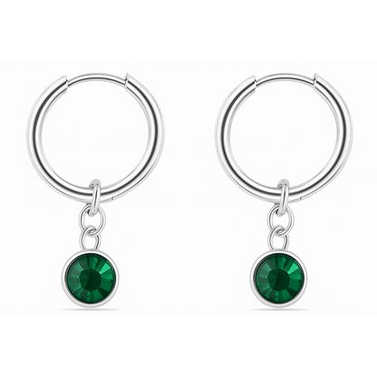 CZ Crystal Birthstone Dangling Huggie Hoop Earrings - Pair - 316L Stainless Steel
