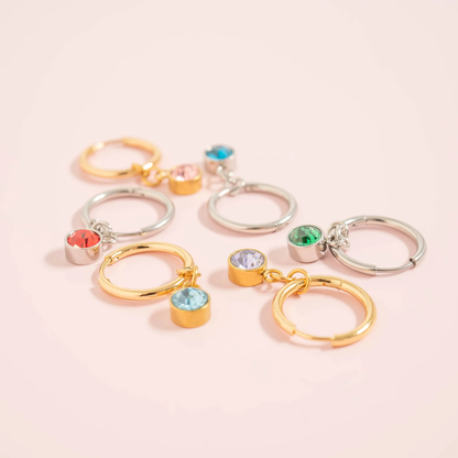 CZ Crystal Birthstone Dangling Huggie Hoop Earrings - Pair - 316L Stainless Steel