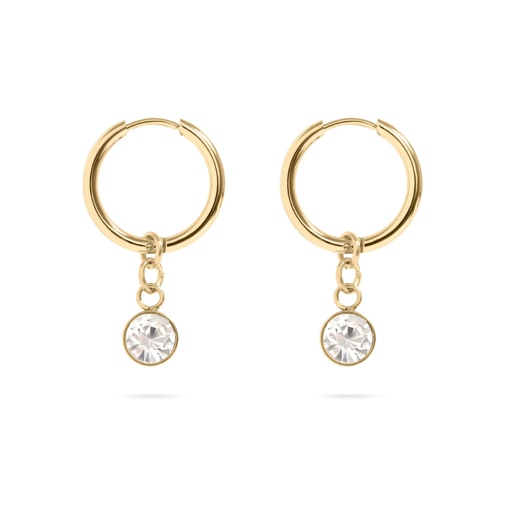 CZ Crystal Birthstone Dangling Huggie Hoop Earrings - Pair - 316L Stainless Steel