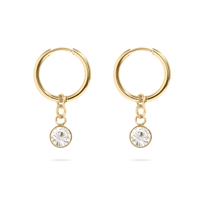 CZ Crystal Birthstone Dangling Huggie Hoop Earrings - Pair - 316L Stainless Steel