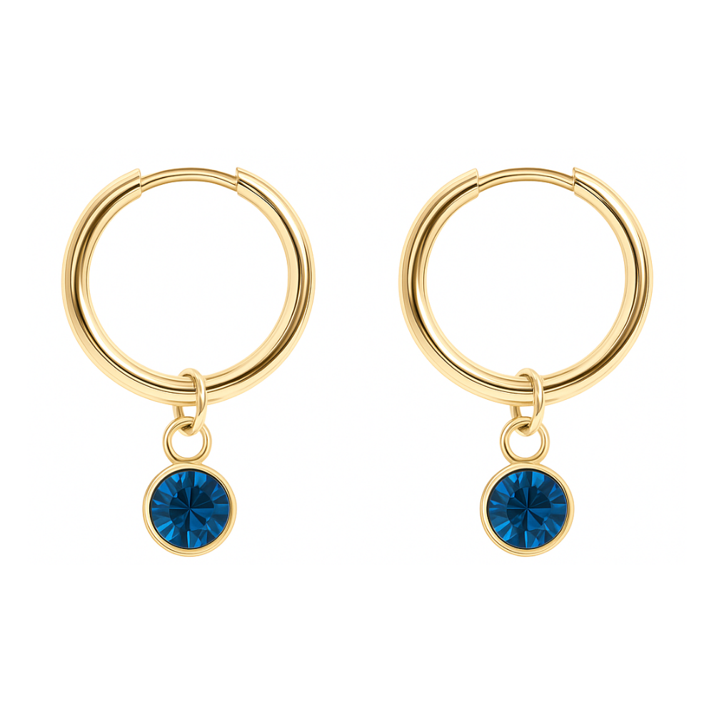 CZ Crystal Birthstone Dangling Huggie Hoop Earrings - Pair - 316L Stainless Steel