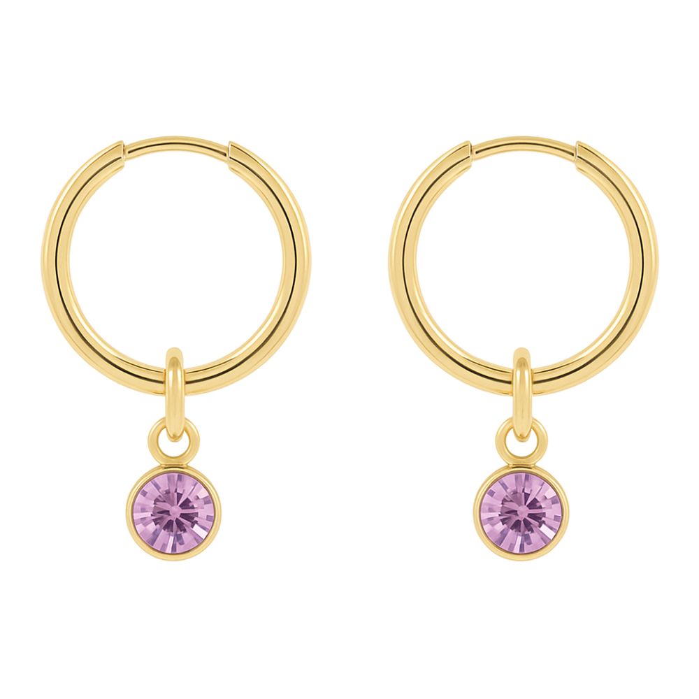 CZ Crystal Birthstone Dangling Huggie Hoop Earrings - Pair - 316L Stainless Steel