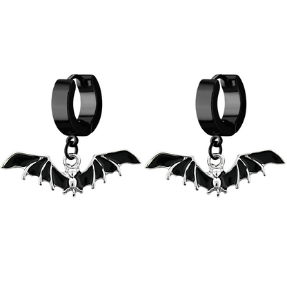Black Black Bat Dangling Huggie Hoop Earrings - PVD Plated Stainless Steel