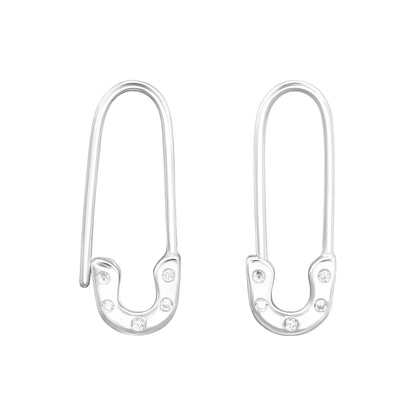 CZ Crystal Safety Pin Earrings - Pair - 925 Sterling Silver