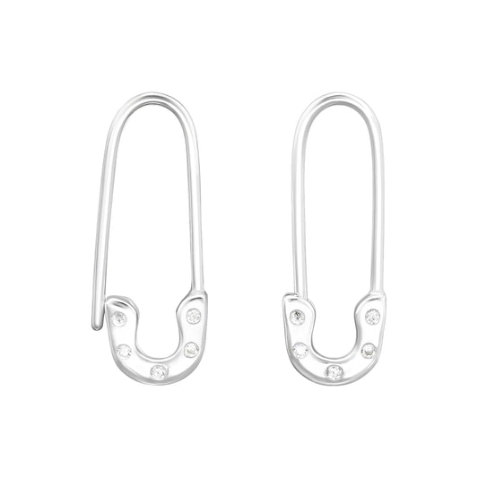 CZ Crystal Safety Pin Earrings - Pair - 925 Sterling Silver