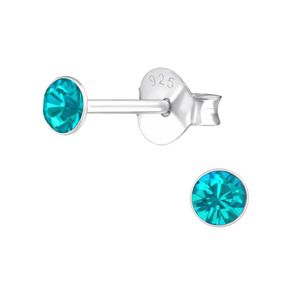 3mm Round Bezel Set Crystal Stud Earrings - Pair - 925 Sterling Silver