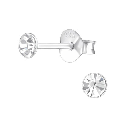 3mm Round Bezel Set Crystal Stud Earrings - Pair - 925 Sterling Silver