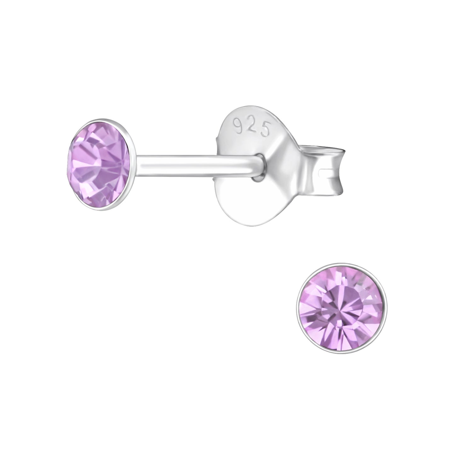 3mm Round Bezel Set Crystal Stud Earrings - Pair - 925 Sterling Silver