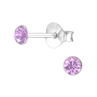3mm Round Bezel Set Crystal Stud Earrings - Pair - 925 Sterling Silver
