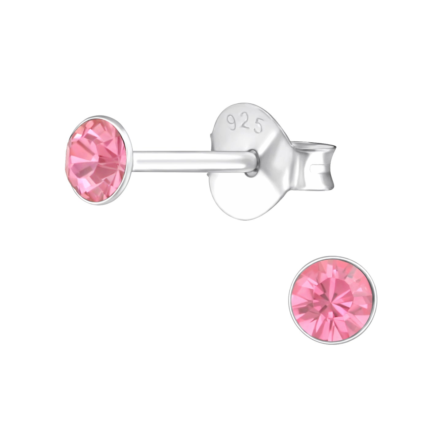 3mm Round Bezel Set Crystal Stud Earrings - Pair - 925 Sterling Silver