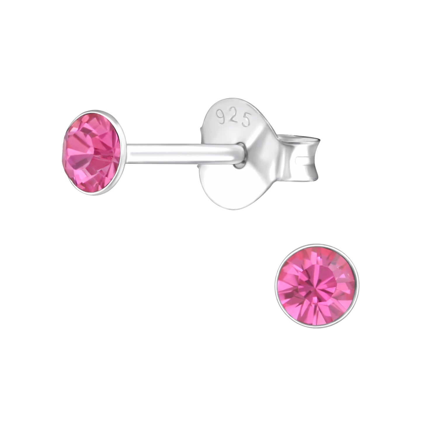 3mm Round Bezel Set Crystal Stud Earrings - Pair - 925 Sterling Silver