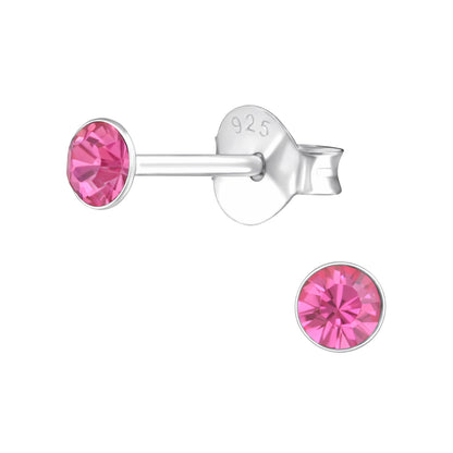 3mm Round Bezel Set Crystal Stud Earrings - Pair - 925 Sterling Silver