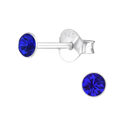 3mm Round Bezel Set Crystal Stud Earrings - Pair - 925 Sterling Silver