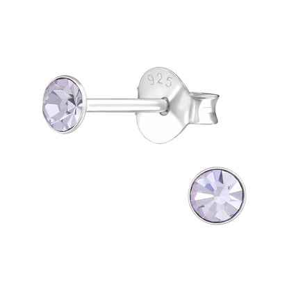 3mm Round Bezel Set Crystal Stud Earrings - Pair - 925 Sterling Silver