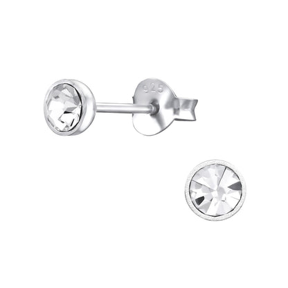 4mm Round Crystal Stud Earrings - Pair - 925 Sterling Silver