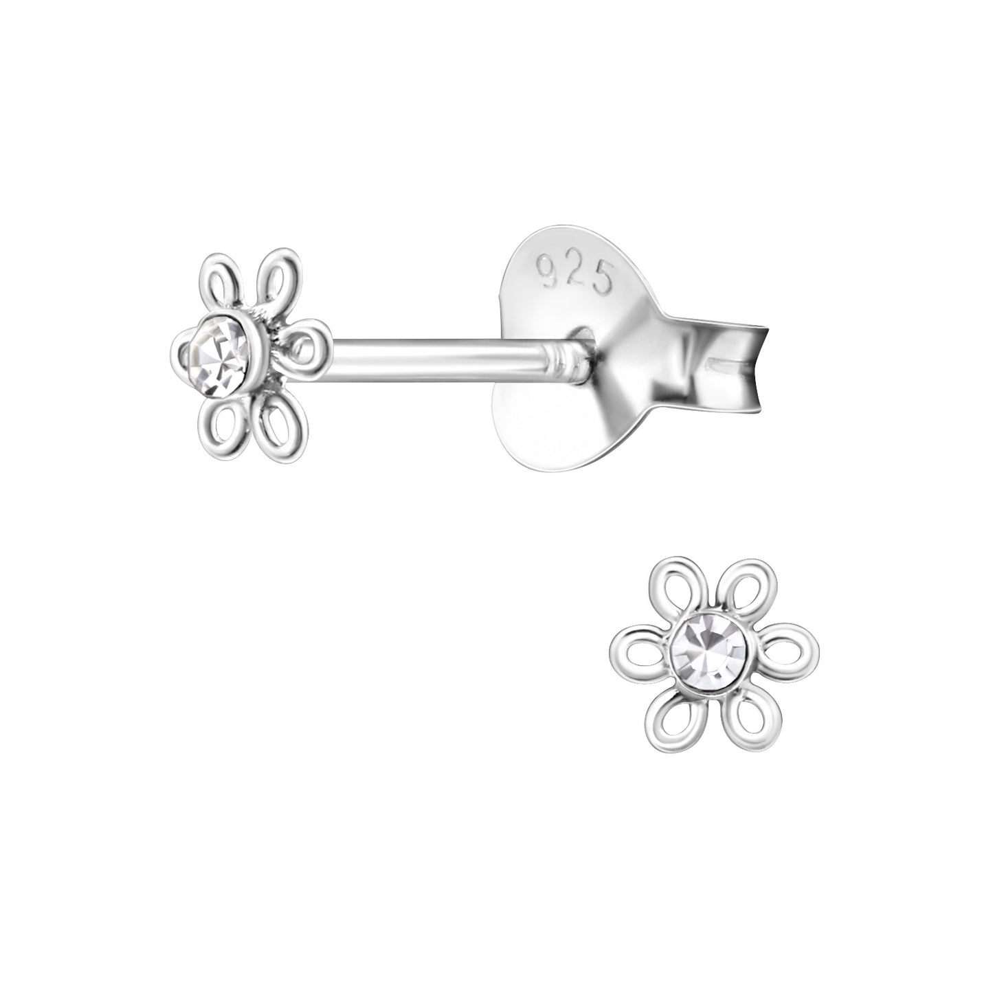 Crystal Tiny Flower Stud Earrings - Pair - 925 Sterling Silver