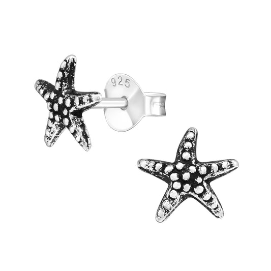 Starfish Stud Earrings - Pair - Oxidized 925 Sterling Silver