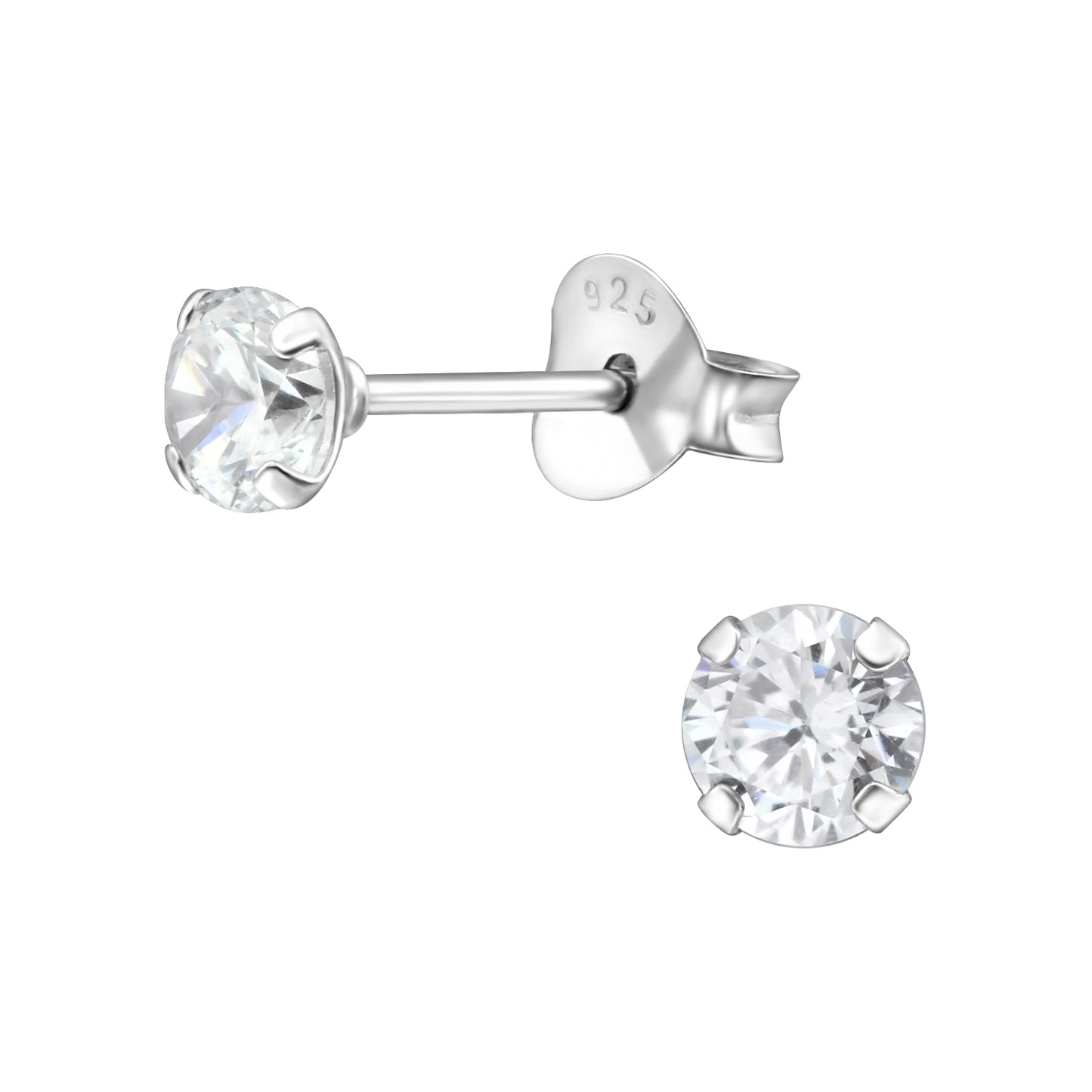 4mm Round Prong Set CZ Crystal Stud Earrings - Pair - 925 Sterling Silver
