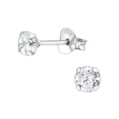 4mm Round Prong Set CZ Crystal Stud Earrings - Pair - 925 Sterling Silver