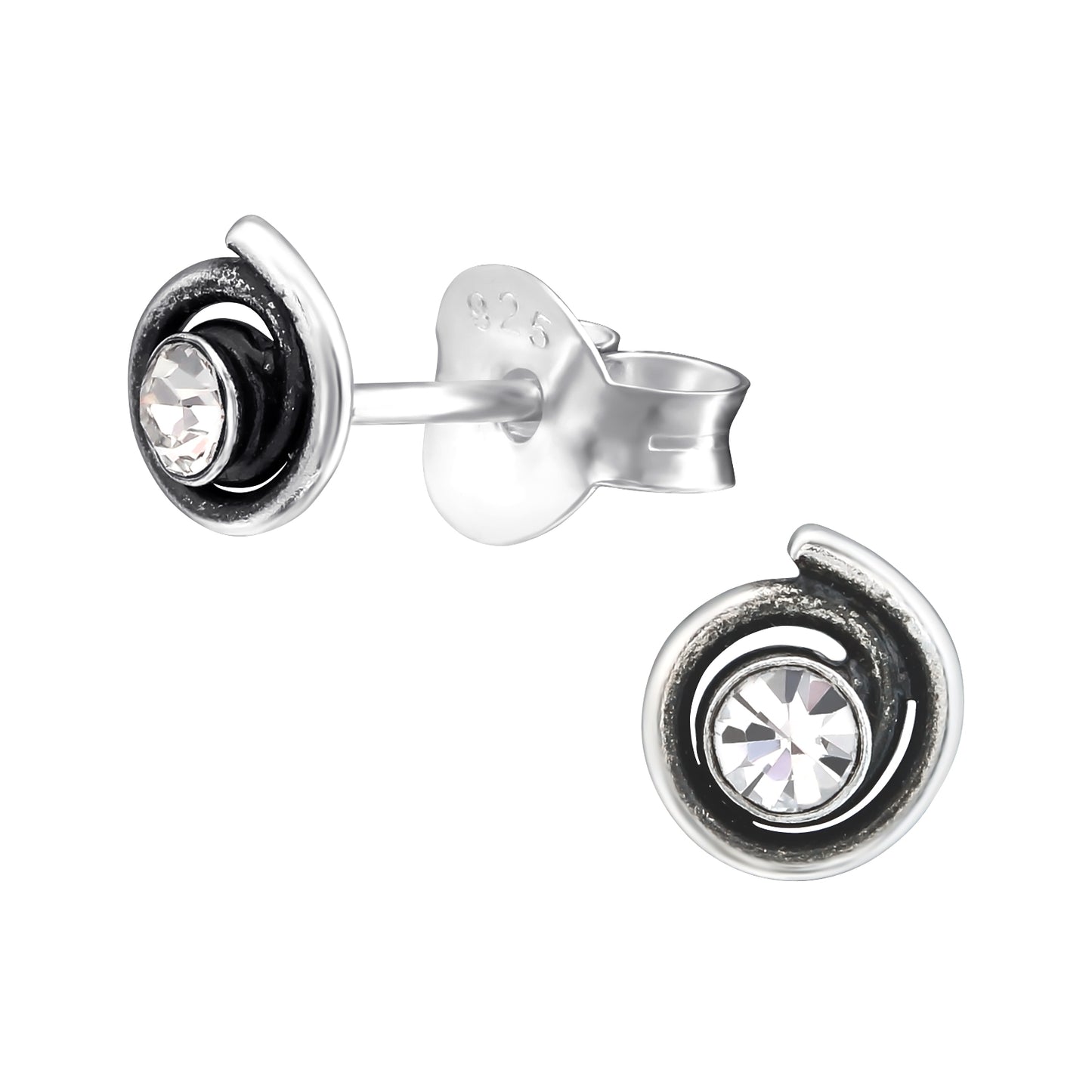 Crystal Spiral Stud Earrings - Pair - 925 Sterling Silver