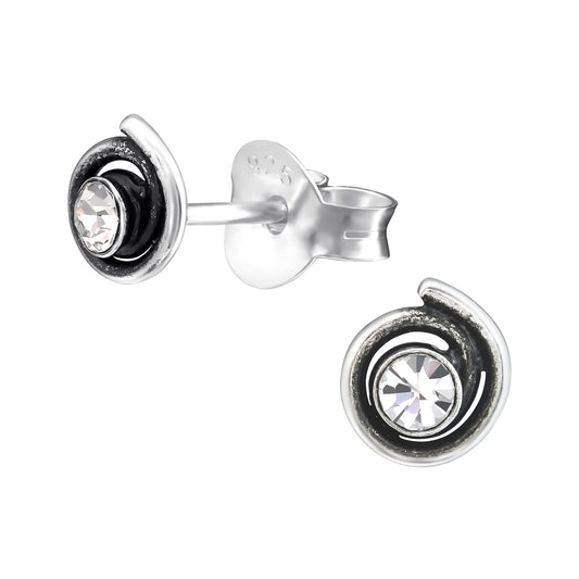 Crystal Spiral Stud Earrings - Pair - 925 Sterling Silver