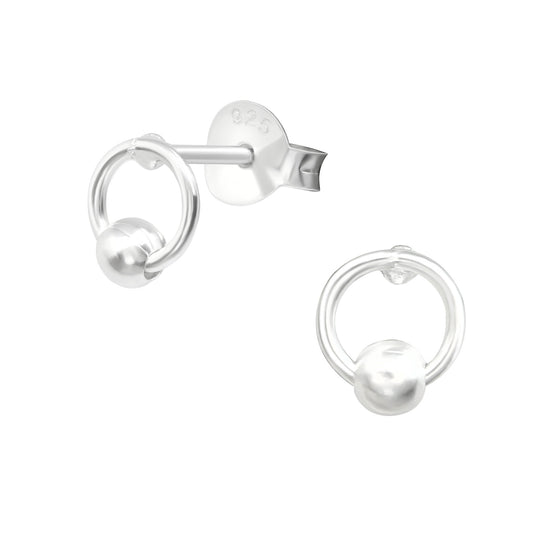 Circle with Ball Center Stud Earrings - Pair - 925 Sterling Silver