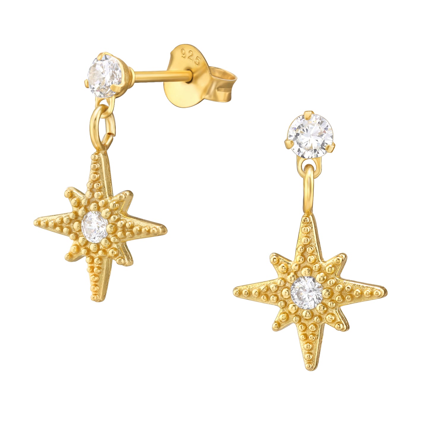 Dangling Starburst Stud Earrings - Pair - Gold Plated 925 Sterling Silver