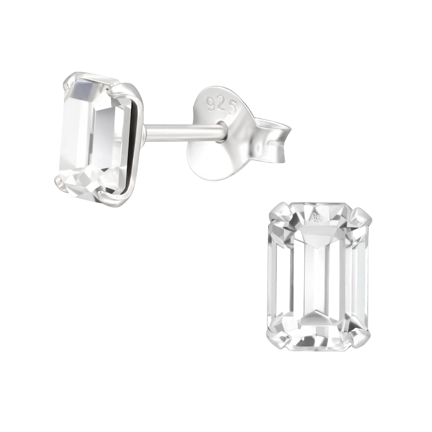 Genuine European Crystal Rectangle Stud Earrings - Pair - 925 Sterling Silver