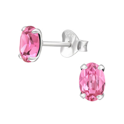 Oval Shaped Genuine European Crystal Stud Earrings - Pair - 925 Sterling Silver