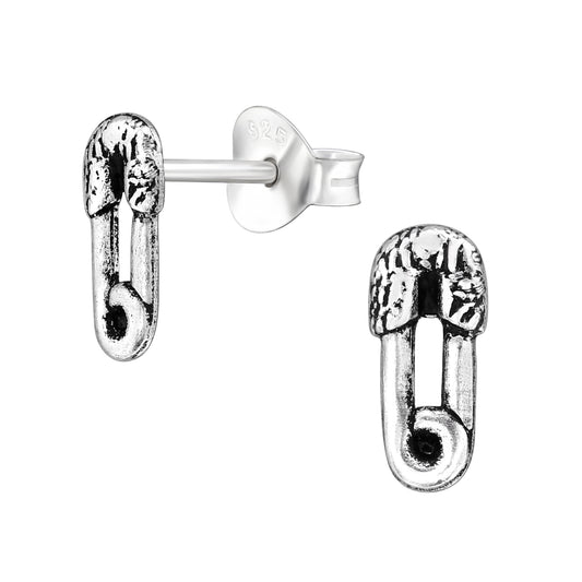 Safety Pin Stud Earrings - Pair - Oxidized 925 Sterling Silver