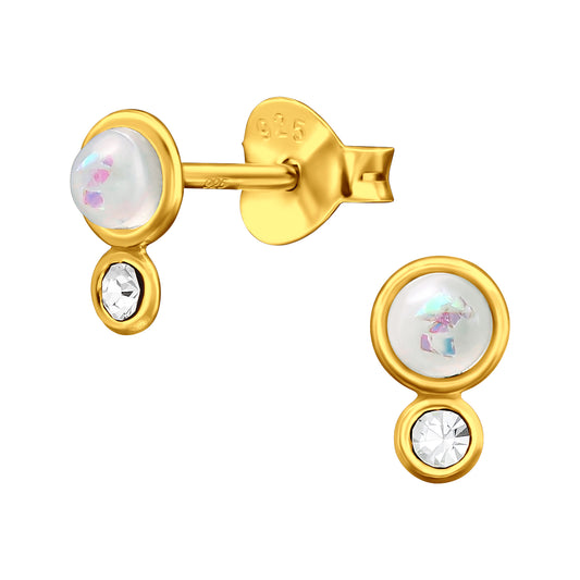 Synthetic Opal with Crystal Drop Stud Earrings - Pair - Gold Plated 925 Sterling Silver