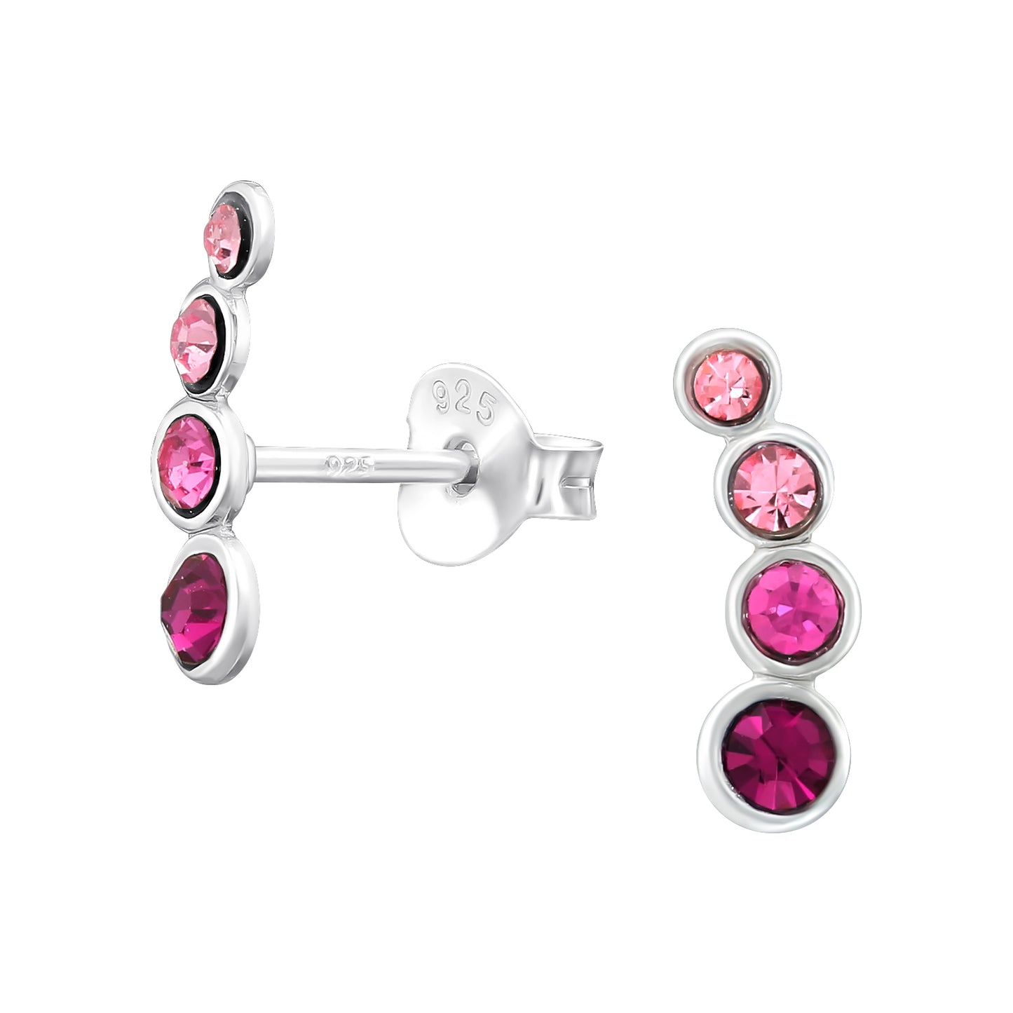 Pink Descending Crystal Crawler Stud Earrings - Pair - 925 Sterling Silver