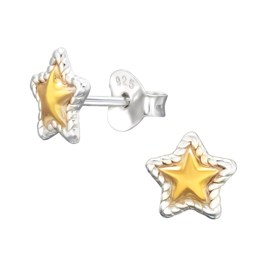 Two Tone Star Stud Earrings - Pair - 925 Sterling Silver and Gold Plated