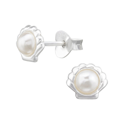 Shells with Sythetic Pearls Stud Earrings - Pair - 925 Sterling Silver