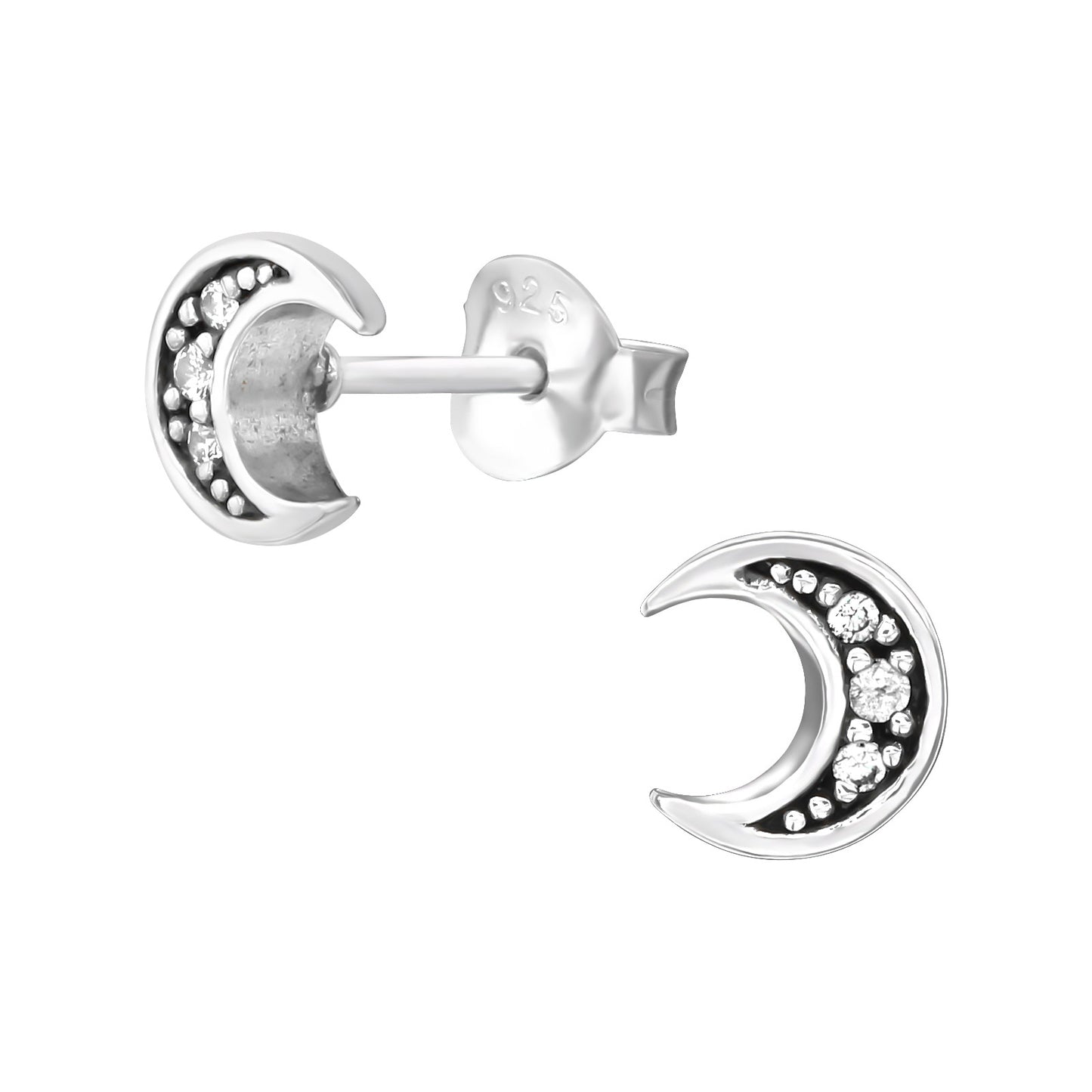 Crescent Moon with CZ Crystals Stud Earrings - Pair - Oxidized 925 Sterling Silver