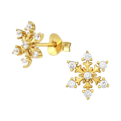 Crystal Snowflake Stud Earrings - Pair - 925 Sterling Silver