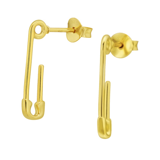 Safety Pin Stud Earrings - Pair - Gold Plated 925 Sterling Silver