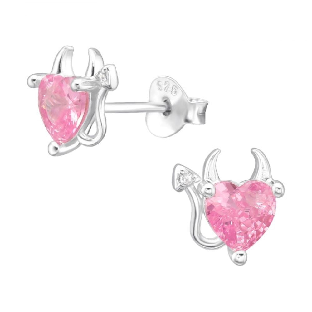 Pink CZ Crystal Devil Heart Stud Earrings - Pair - 925 Sterling Silver