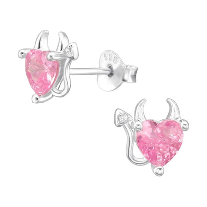 Pink CZ Crystal Devil Heart Stud Earrings - Pair - 925 Sterling Silver